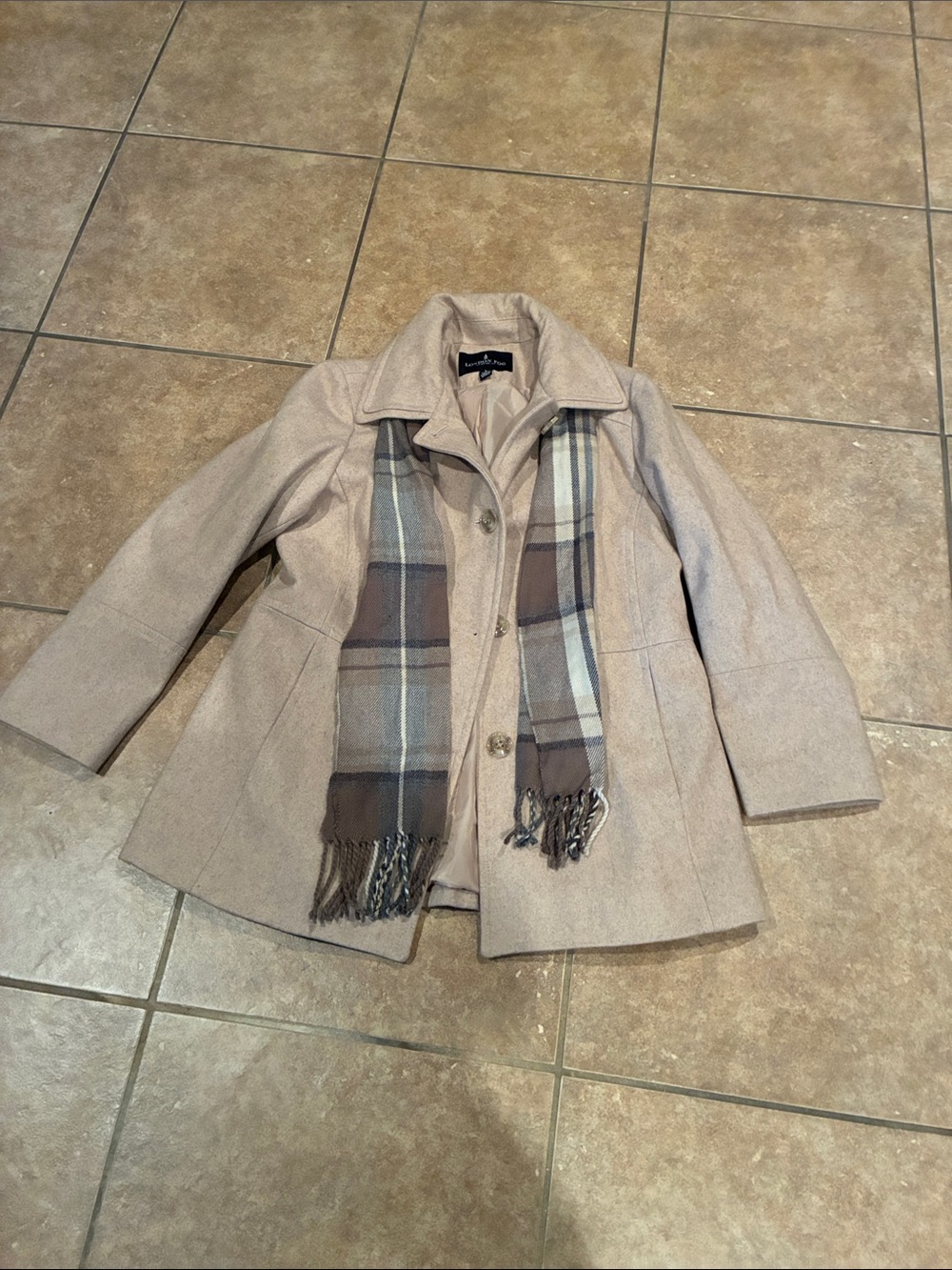 London Fog Beige Pea Coat with Plaid Scarf